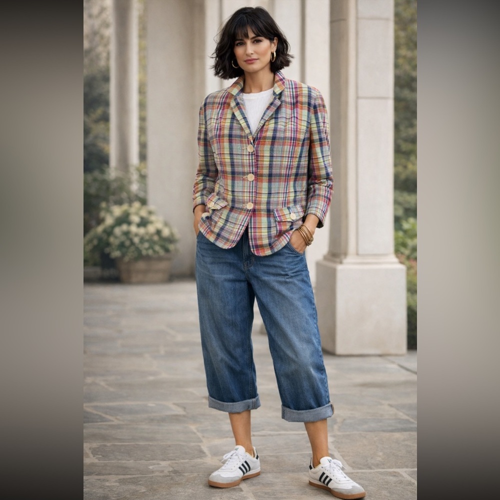 XL Cotton Plaid Madras Blazer Jacket Talbots 16 preppy academia stripe retro 90s - Picture 16 of 16